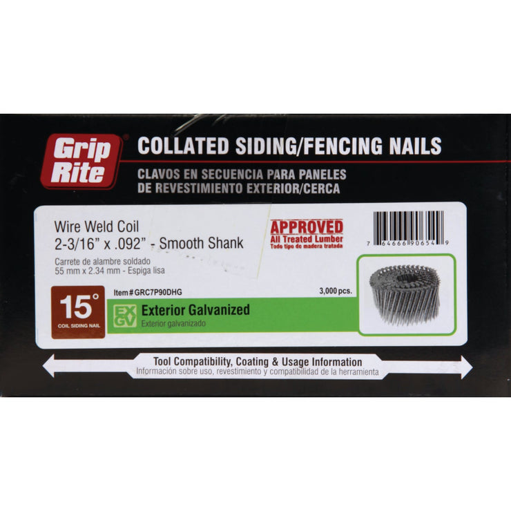 Grip-Rite 15 Degree Wire Weld Hot-Dipped Galvanized Coil Siding Nail, 2-3/16 In. x .092 In. (3000 Ct.)