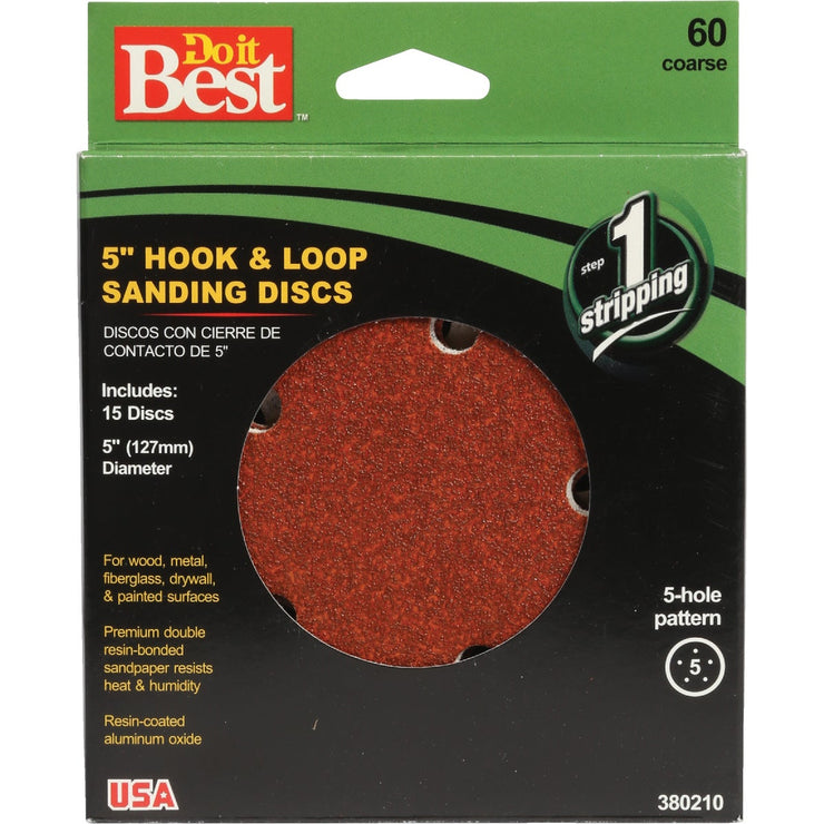 Do it Best 5 In. 60-Grit 5-Hole Pattern Vented Sanding Disc with Hook & Loop Backing (15-Pack)