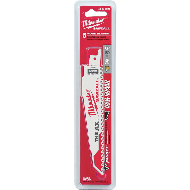 Milwaukee Sawzall THE AX 6 In. 5 TPI Wood w/Nails Demolition Reciprocating Saw Blade (5-Pack)