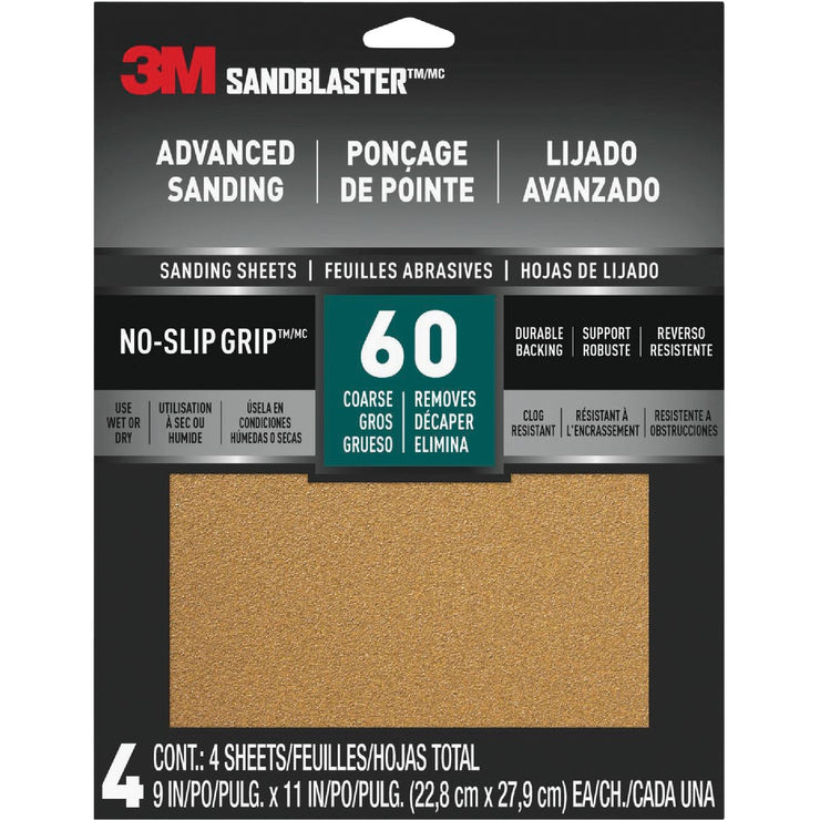 3M SandBlaster No Slip Grip Backing 11 In. x 9 In. 60 Grit Coarse Sandpaper (4-Pack)