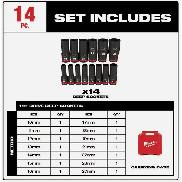 Milwaukee SHOCKWAVE Metric 1/2 In. Drive 6-Point Deep Impact Driver Set (14-Piece)