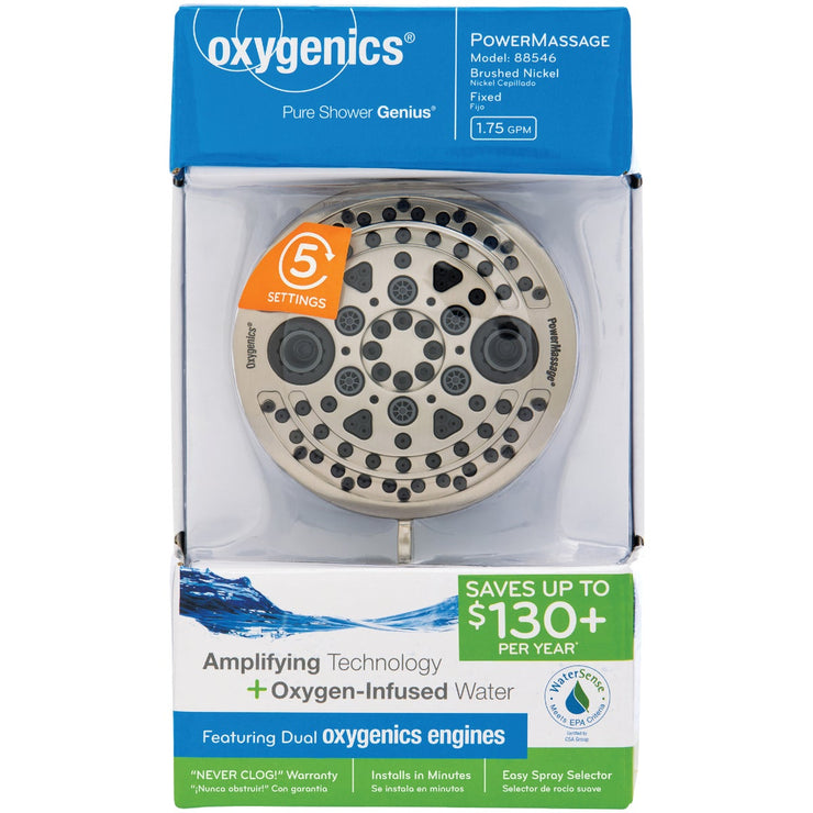 Oxygenics PowerMassage 5-Spray 1.75 GPM Fixed Showerhead, Brushed Nickel
