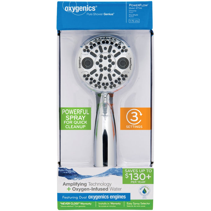 Oxygenics PowerFlow 3-Spray 1.75 GPM Handheld Shower, Chrome