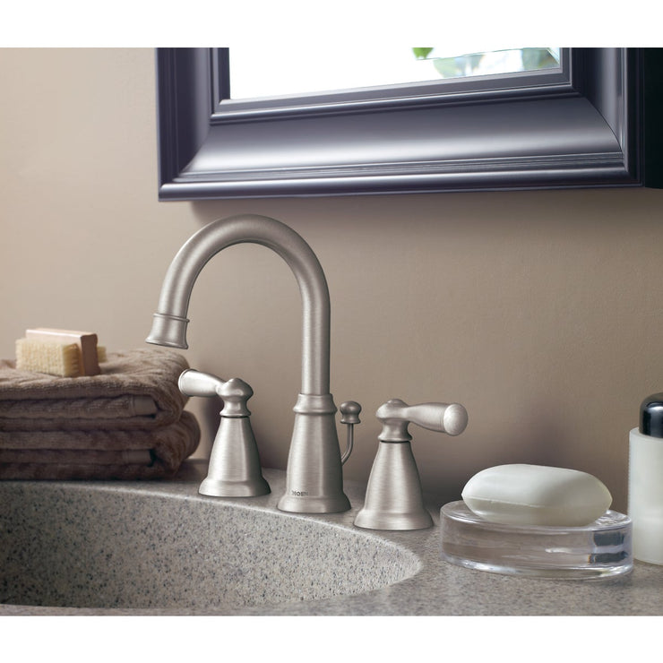 Moen Banbury Brushed Nickel 2-Handle Lever 8 In. Widspread Hi-Arc Bathroom Faucet with Pop-Up