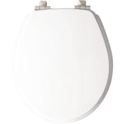 Mayfair Benton Round White Enameled Wood Toilet Seat with Slow Close Brushed Nickel Metal Hinge