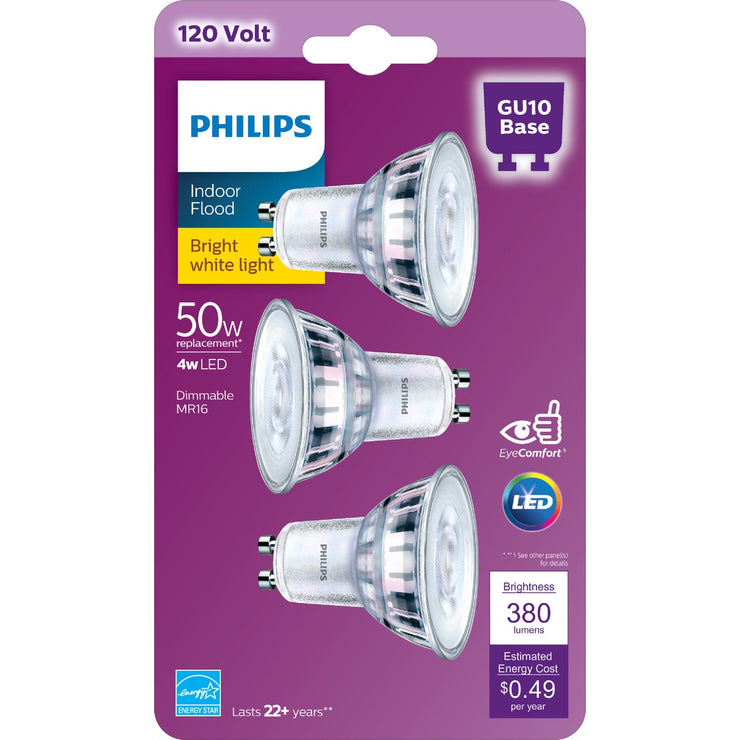 Philips 50W Equivalent Bright White MR16 GU10 Base LED Floodlight Light Bulb (3-Pack)