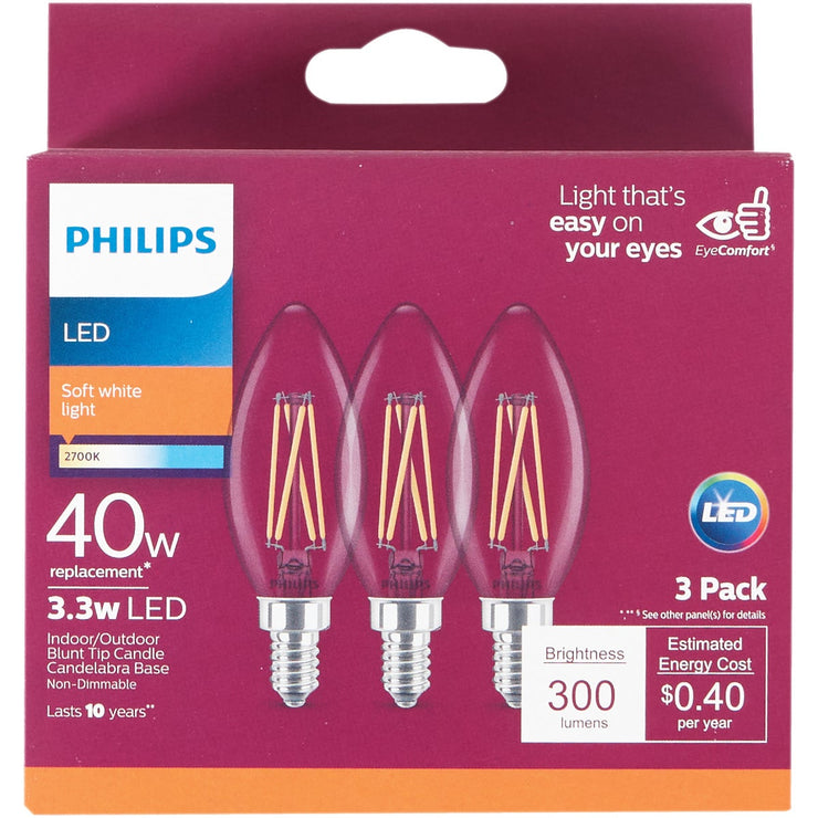 Philips 40W Equivalent Soft White B11 Candelabra Clear LED Decorative Light Bulb (3-Pack)