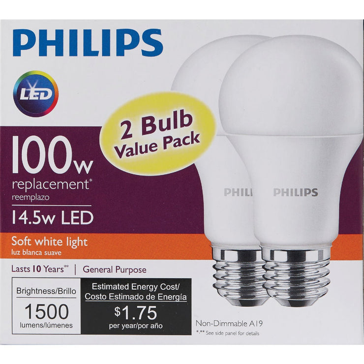 Philips 100W Equivalent Soft White A19 Medium LED Light Bulb (2-Pack)