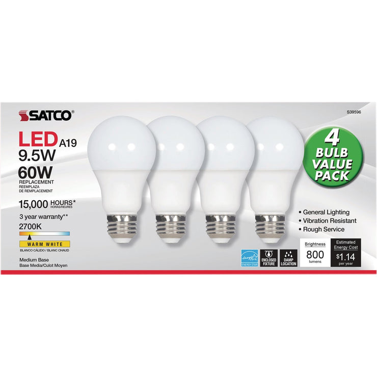Satco 60W Equivalent Warm White A19 Medium LED Light Bulb (4-Pack)