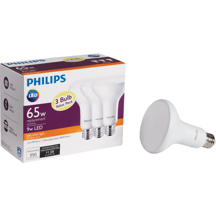 Philips 65W Equivalent Soft White BR30 Medium Dimmable LED Floodlight Light Bulb (3-Pack)