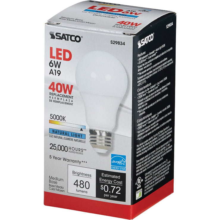 Satco 40W Equivalent Natural Light A19 Medium Dimmable LED Light Bulb