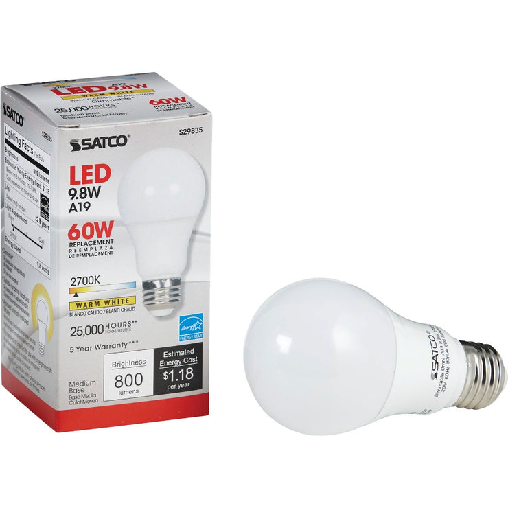 Satco 60W Equivalent Warm White A19 Medium Dimmable LED Light Bulb