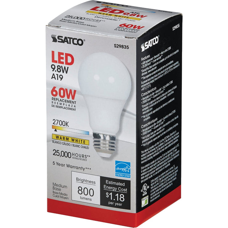 Satco 60W Equivalent Warm White A19 Medium Dimmable LED Light Bulb