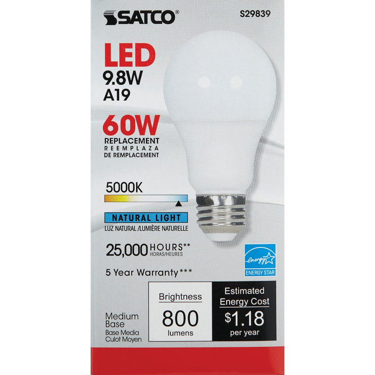 Satco 60W Equivalent Natural Light A19 Medium Dimmable LED Light Bulb