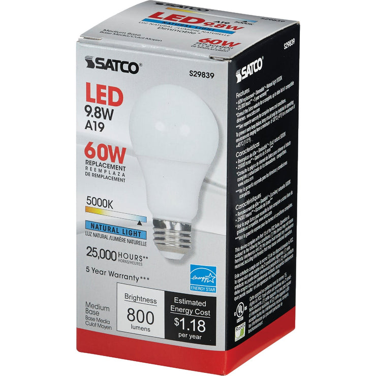 Satco 60W Equivalent Natural Light A19 Medium Dimmable LED Light Bulb
