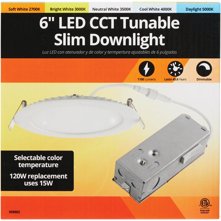 6 In. New Construction IC Rated White CCT Tunable Slim LED Downlight, 1100 Lm.