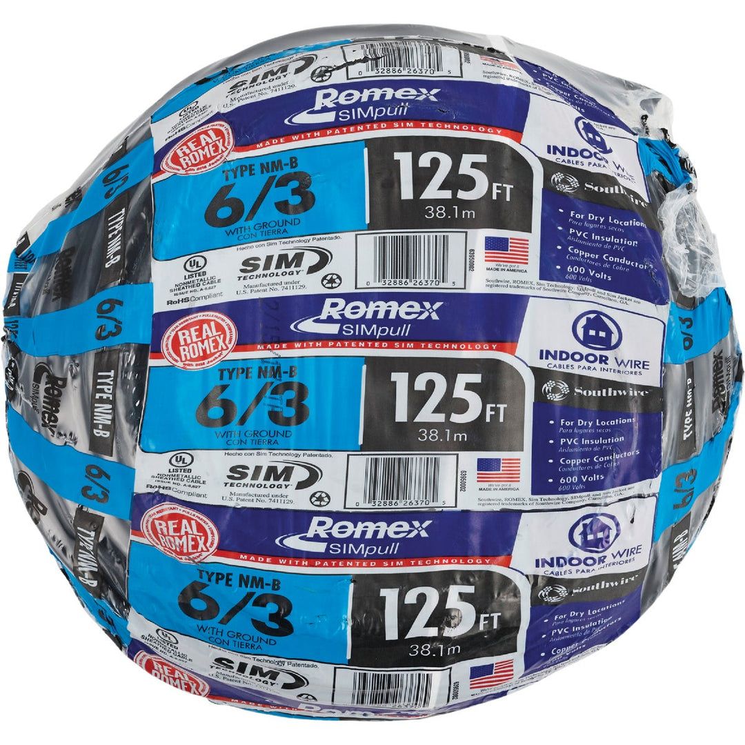Romex 125 Ft. 6-3 Stranded Black NMW/G Electrical Wire – Hemlock