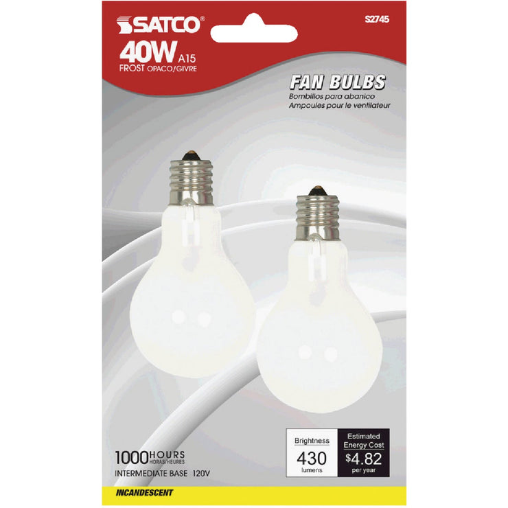 Satco 40W Frosted Soft White Intermediate A15 Incandescent Ceiling Fan Light Bulb (2-Pack)