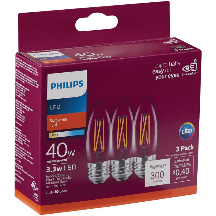 Philips 40W Equivalent Soft White B11 Medium Clear LED Decorative Light Bulb (3-Pack)