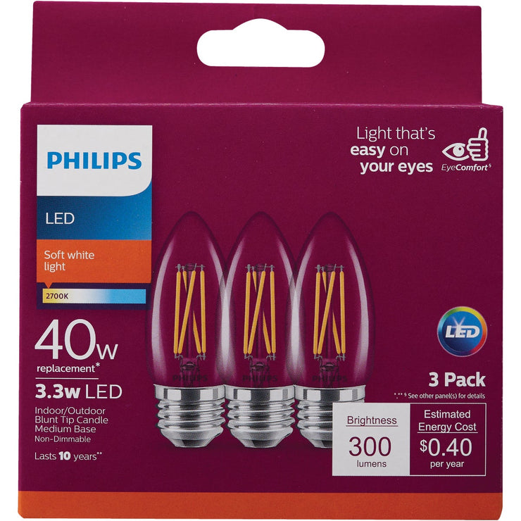 Philips 40W Equivalent Soft White B11 Medium Clear LED Decorative Light Bulb (3-Pack)