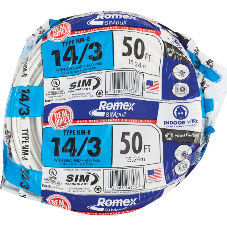 Romex 50 Ft. 14-3 Solid White NMW/G Electrical Wire