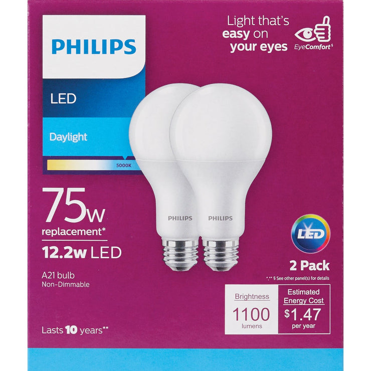 Philips 75W Equivalent Daylight A21 Medium LED Light Bulb (2-Pack)