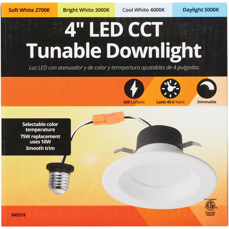 4 In. Retrofit IC Rated White LED CCT Tunable Downlight with Smooth Trim, 650 Lm.