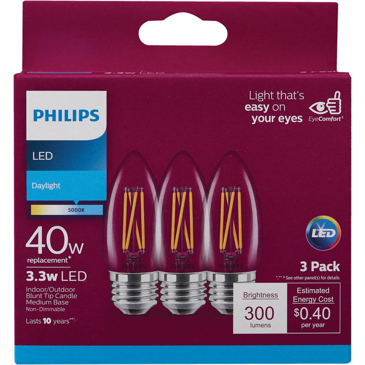 Philips 40W Equivalent Daylight B11 Medium Clear LED Decorative Light Bulb (3-Pack)