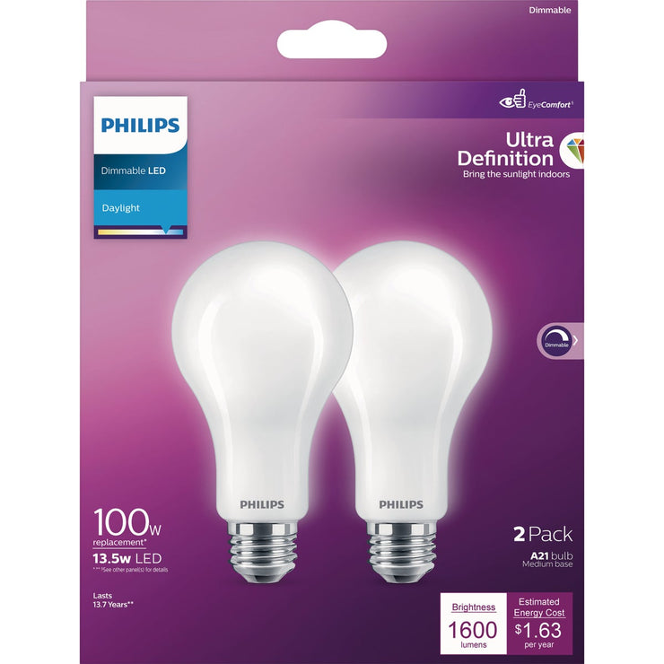 Philips Ultra Definition 100W Equivalent Daylight A21 Medium Dimmable LED Light Bulb, Frosted (2-Pack)