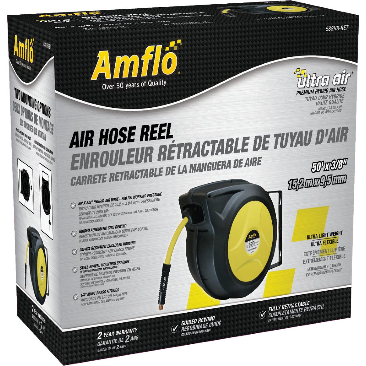 Amflo UltraAir Automatic Air Hose Reel with 3/8 In. x 50 Ft. Hybrid Ho ...