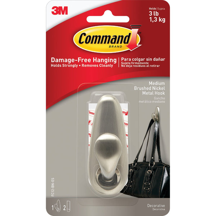 3M Command Medium Brushed Nickel Metal Adhesive Hook