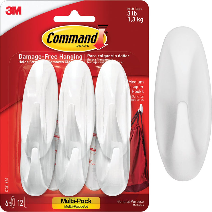 3M Command Medium Utility Designer Adhesive Hook (6-Pack)