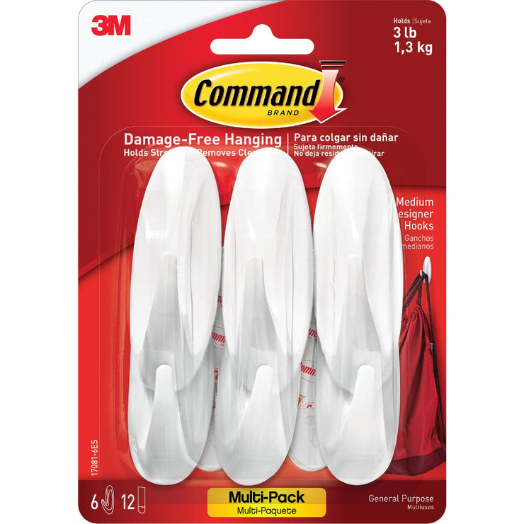 3M Command Medium Utility Designer Adhesive Hook (6-Pack)