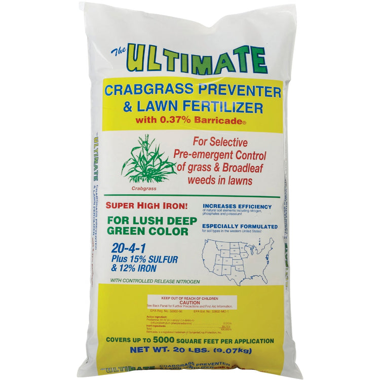 broadleaf and crabgrass herbicide Ultimate 20 Lb. 5000 Sq. Ft. 20-4-1 Lawn Fertilizer with Crabgrass Pre –  Hemlock Hardware