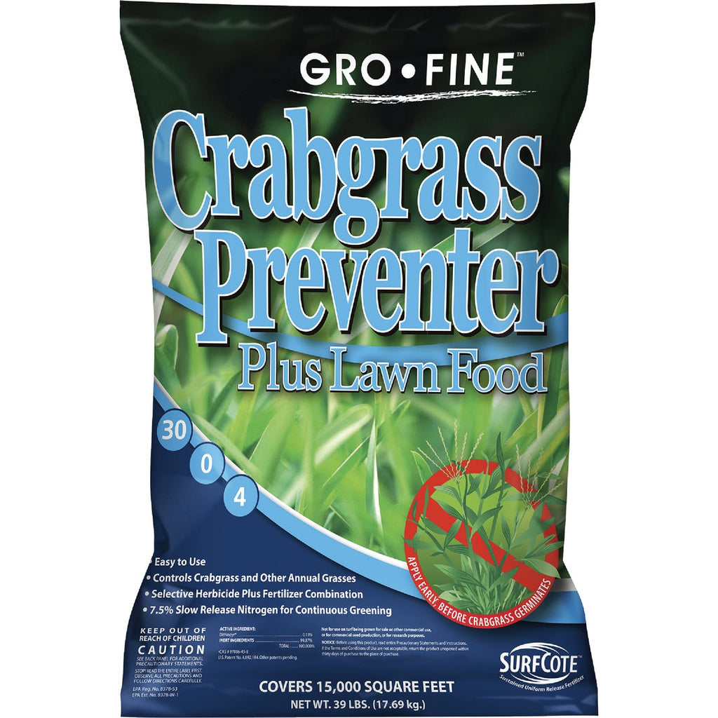 crabgrass selective herbicide Gro-Fine 39 Lb. 15,000 Sq. Ft. 30-0-4 Lawn Fertilizer with Crabgrass P – Hemlock Hardware