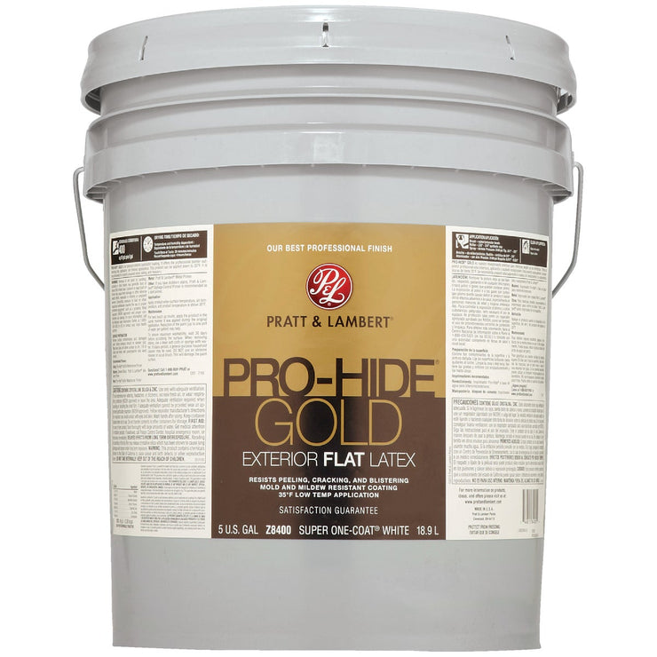 Pratt & Lambert Pro-Hide Gold Latex Flat Exterior House Paint, Super One-Coat White, 5 Gal.