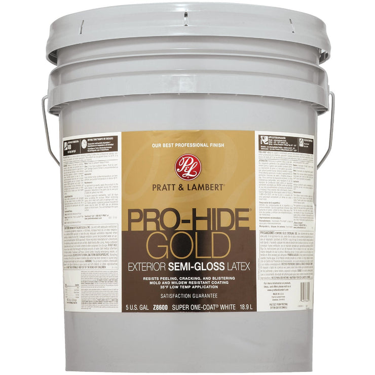 Pratt & Lambert Pro-Hide Gold Latex Semi-Gloss Exterior House Paint, Super One-Coat White, 5 Gal.