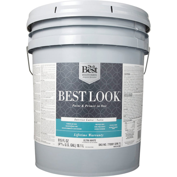 Best Look Latex Paint & Primer In One Satin Interior Wall Paint, Ultra White, 5 Gal.
