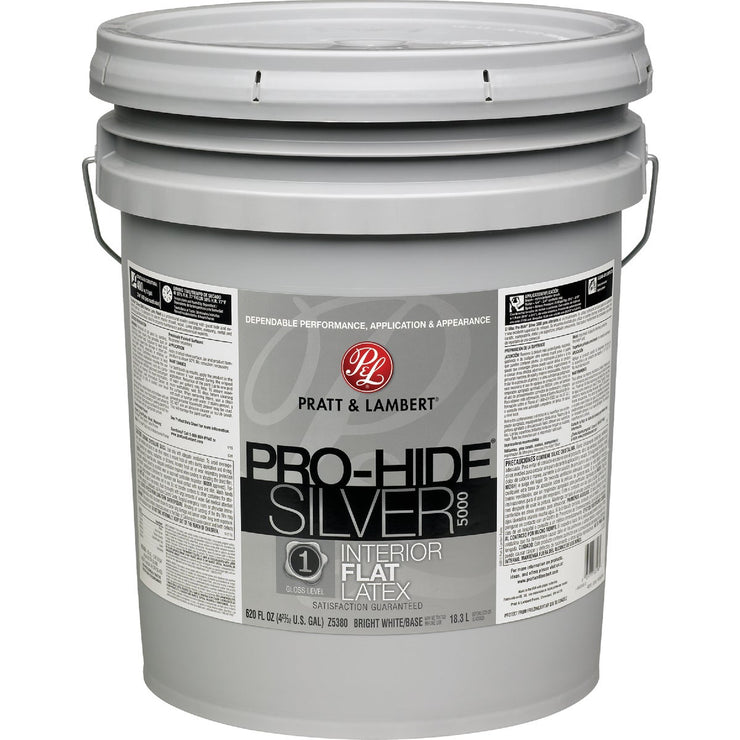 Pratt & Lambert Pro-Hide Silver 5000 Latex Flat Interior Wall Paint, Bright White Base, 5 Gal.