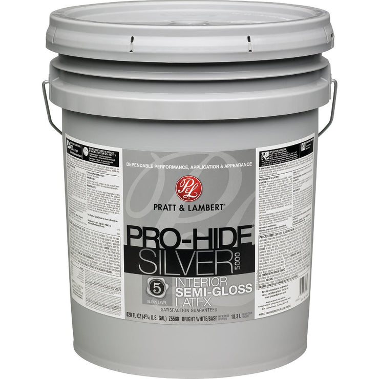 Pratt & Lambert Pro-Hide Silver 5000 Latex Semi-Gloss Interior Wall Paint, Bright White Base, 5 Gal.