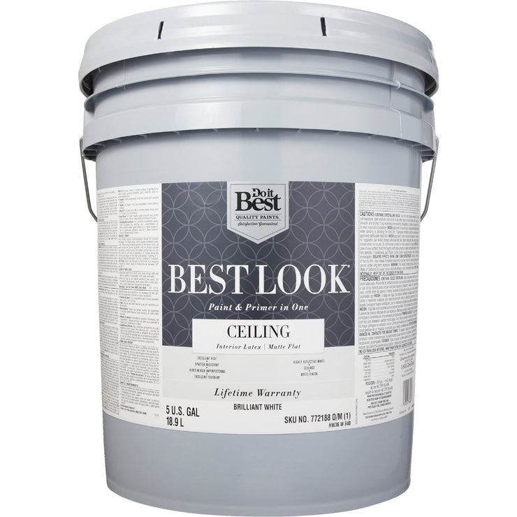 Best Look Latex Paint & Primer In One Matte Flat Ceiling Paint, Brilliant White, 5 Gal.