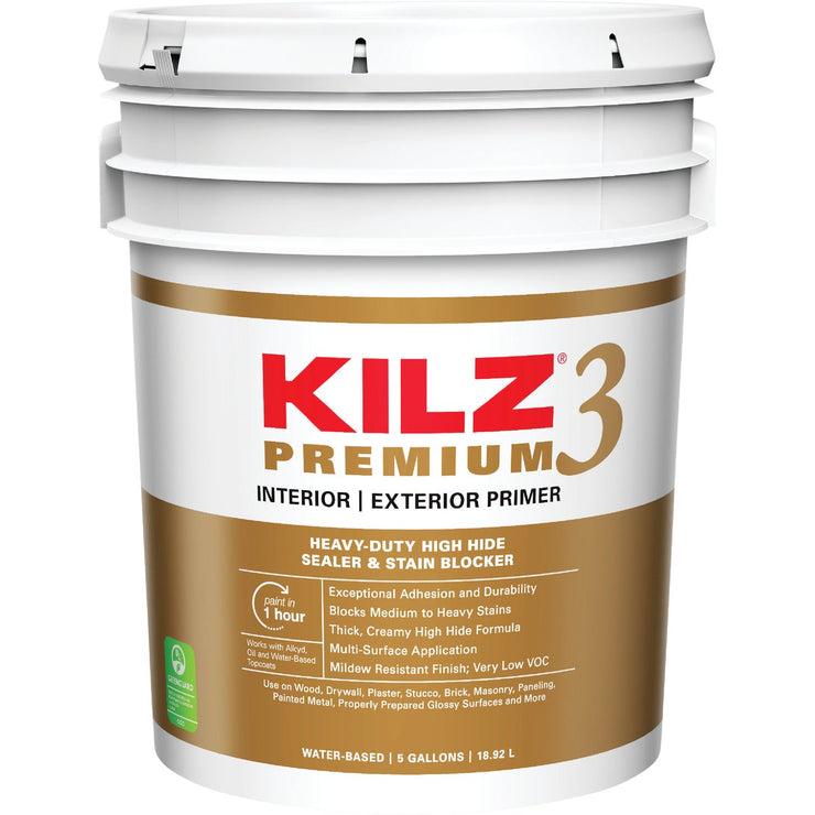 KILZ 3 Premium Water-Base Interior/Exterior Sealer Stain Blocking Primer, White, 5 Gal.