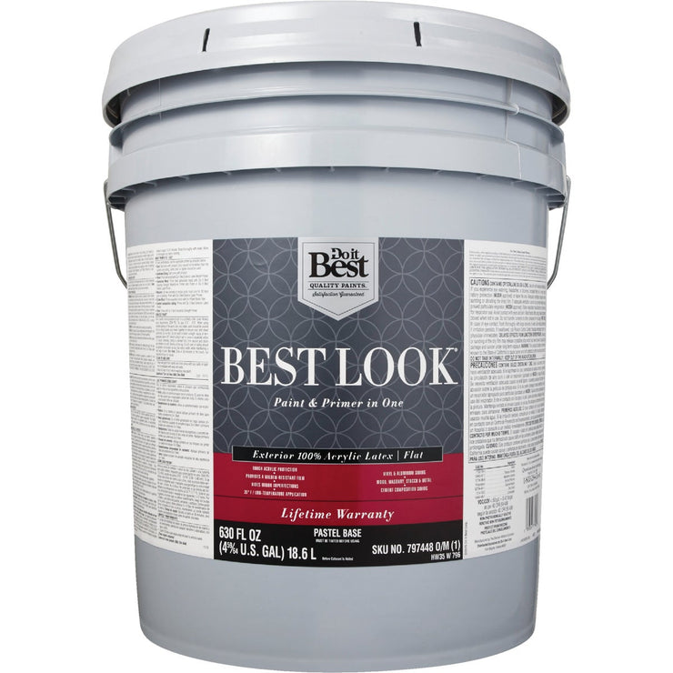 Best Look 100% Acrylic Latex Paint & Primer In One Flat Exterior House Paint, Pastel Base, 5 Gal.