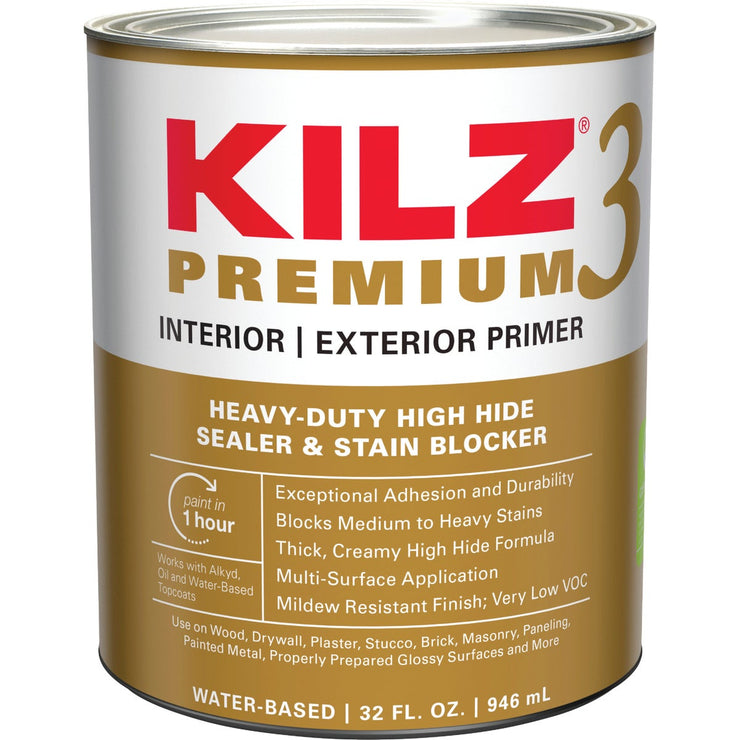 KILZ 3 Premium Water-Base Interior/Exterior Sealer Stain Blocking Primer, White, 1 Qt.