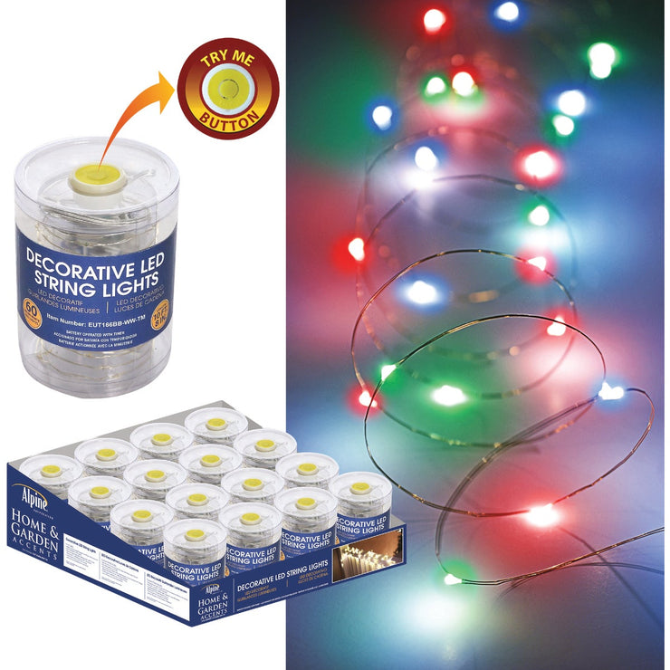 Alpine Various Color 60-Bulb LED Battery Operated String Light Set