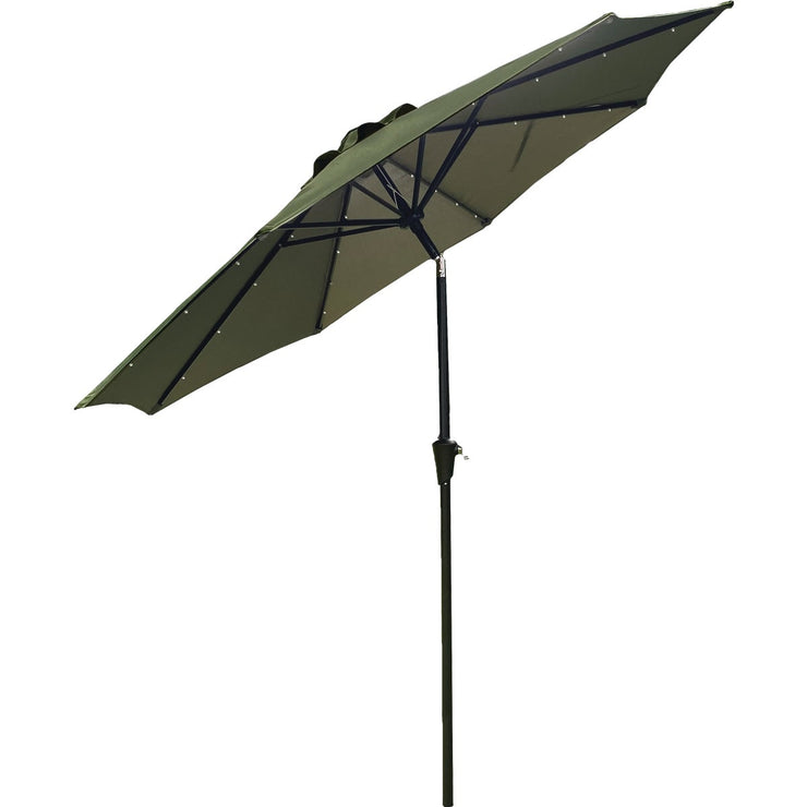 Outdoor Expressions 9 Ft. Aluminum Tilt/Crank Heather Green Patio Umbrella with Solar LED Lights