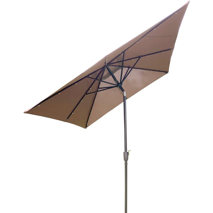 Outdoor Expressions 9 Ft. x 7 Ft. Rectangular Aluminum Tilt/Crank Brown Patio Umbrella with Solar LED Lights