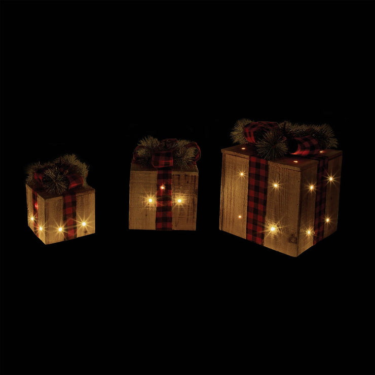 Alpine Warm White LED Rustic Wood with Red Plaid Ribbon Christmas Gift Box Set (3-Piece)