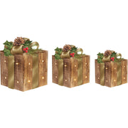 Alpine Warm White LED Rustic Wood with Gold Ribbon Christmas Gift Box Set (3-Piece)