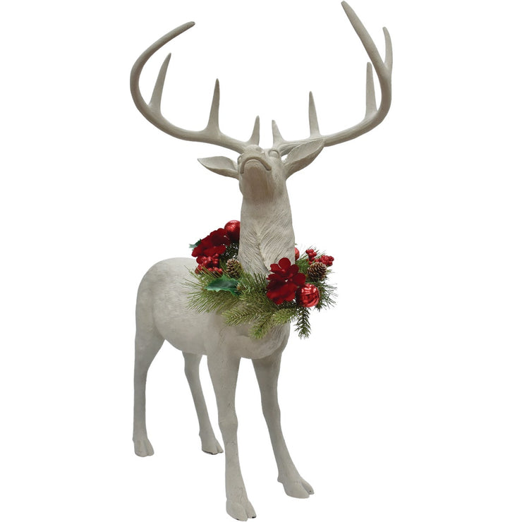 34 In. White Standing Deer with Removeable Floral Wreath
